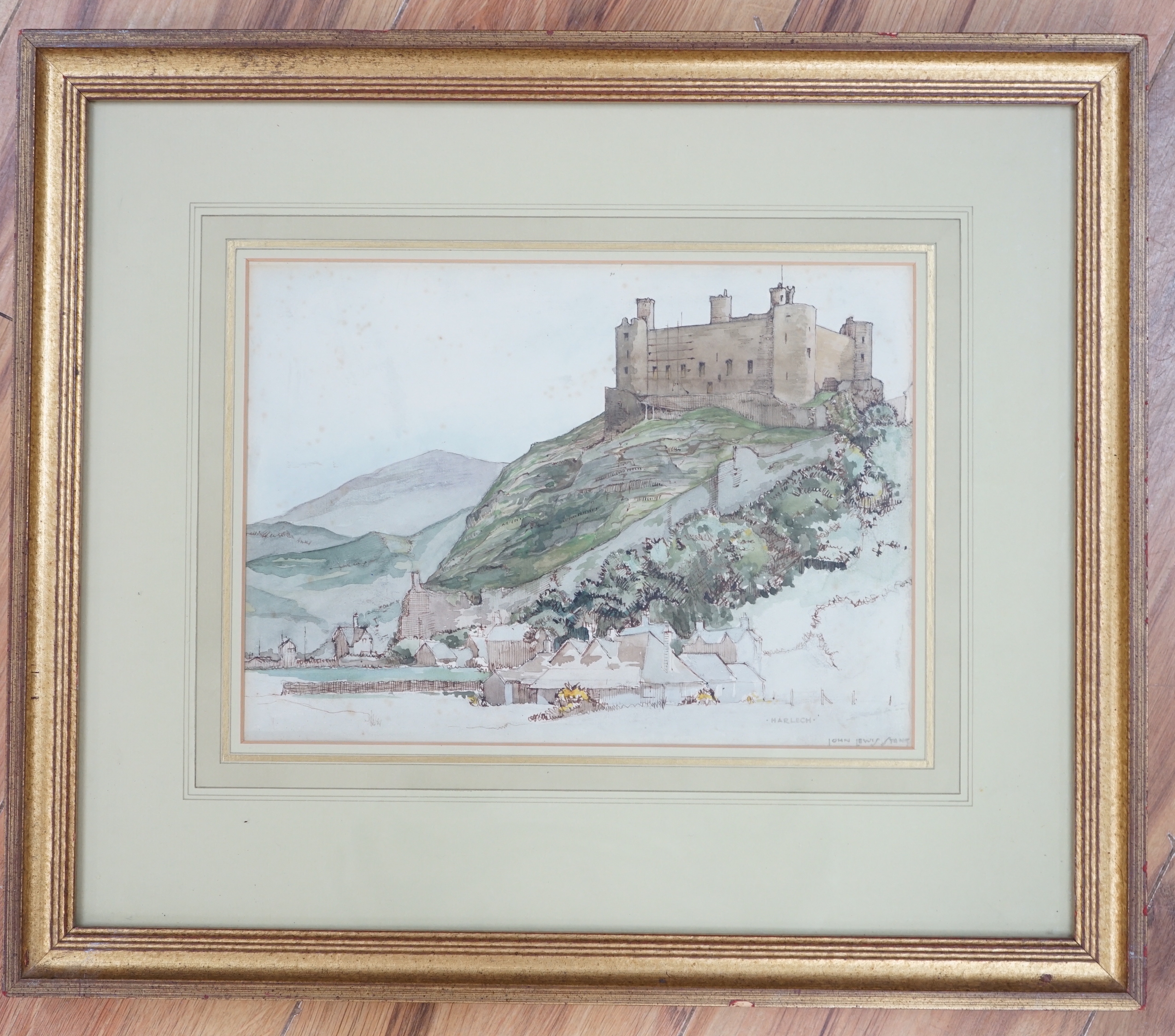 John Lewis Stang (fl. 1931-1955), ink and watercolour, Harlech Castle, signed and inscribed, 20 x 29cm